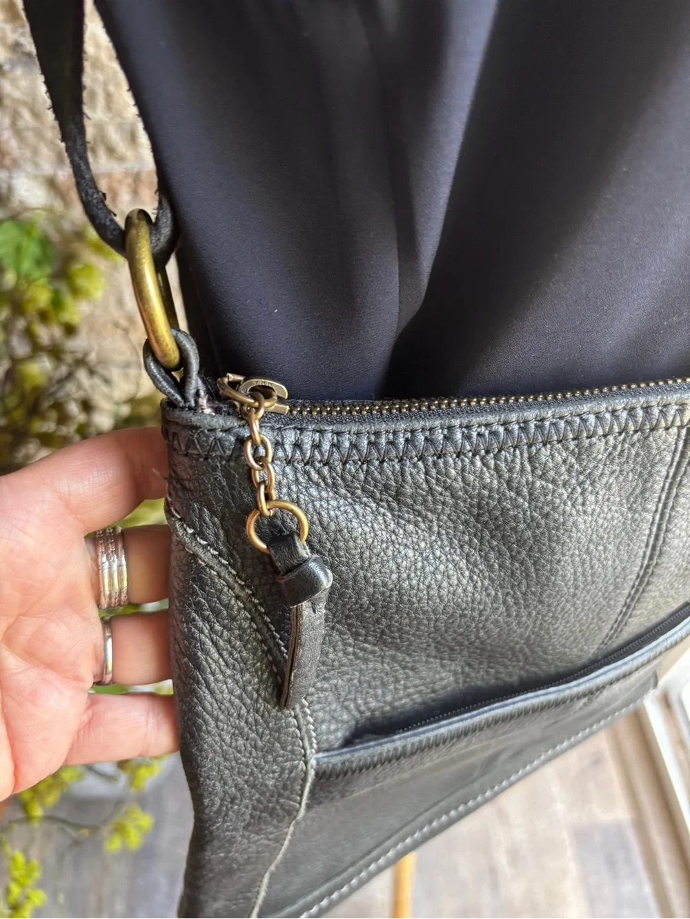 The Sak Black Leather Pebbled Crossbody with Gold Accents